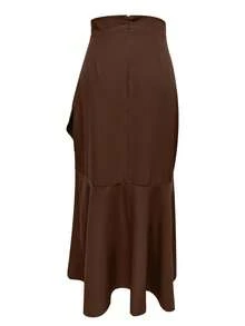 Saia Elegante Assimétrica com Babado na Barra, Cintura Marcada, Cor Sólida, Casual e Sexy para Encontros, Halloween