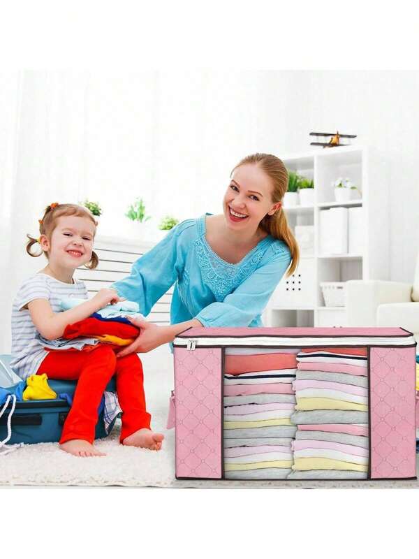 60*40*35cm Large Clothes Storage Bag, Clothes Organizer With Handle & Clear Window, Storage Bins Containers For Comforters & Blankets