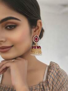 1 对优雅水滴吊坠耳环，宝莱坞风格彩色水钻搭配人造珍珠流苏首饰，巴基斯坦流行耳环，适合女性婚礼、节日派对佩戴 - 水滴 - 查看 6