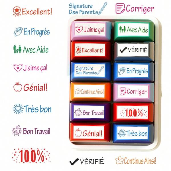 Conjunto de 12 carimbos coloridos para professores de francês, carimbos autoentintados para correção de tarefas de casa, assinatura dos pais, recompensa por comportamento do aluno (com bandeja)