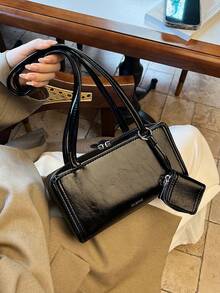 小巧时尚简约百搭单肩包，小众设计，休闲复古风，流行腋下包，精致优雅纯色女士小方包，搭配同色系小零钱包，上班逛街都适用 - 黑色 - 查看 8