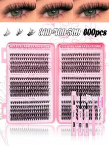 600pcs False Eyelashes Set - Eyelash Extension Kit, 8-16mm Mixed Individual False Eyelashes, Includes Eyelash Glue, Sealer, Tweezers, Brush For DIY Eyelash Extension At Home - Black - View 1