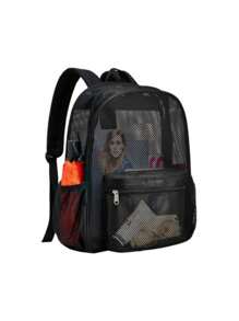 [耐用网状背包] 耐用大容量网状背包 | 1 件黑色涤纶旅行包，带可调节肩带，透气设计，适合户外探险、海滩和日常通勤、学校背包