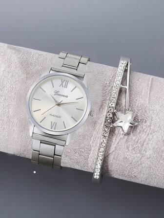 1 件男士石英手表，带罗马数字刻度钢表带 + 1 件星形手链