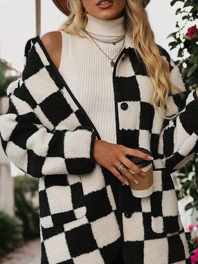 Women's Winter Fuzzy Checkered Teddy Coat Long Sleeve Button Front Thigh Length Warm Lined Knit Jacket With Collar And Pockets
