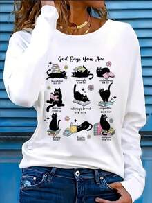 Camiseta de manga larga con cuello redondo y estampado gráfico de gato divertido para mujer, top para amantes de los libros, camisetas gráficas para mujer