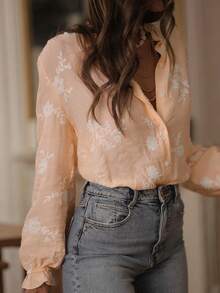 Hot Selling Retro Embroidery Ruffle Hem Floral & Leaf Print Buttoned Women Blouse, Daily Wear Spring - Apricot - View 5