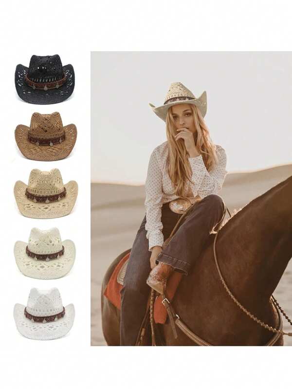 1pc Solid Color Brown Hat Chain Straw Hat For Women, Summer Vacation Travel Sun Hat Panama Straw Hat, Fashionable, Elegant, Suitable For Daily Wear, Beach, Travel, Hiking, Party, Dating, Commuting, Photography