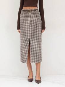 Women's Houndstooth Pattern Skirt, Fashionable Versatile Elegant Loose Fit Slimming - Màu nâu - Xem 4