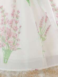 女嬰短袖花卉印花歐根紗可愛花童泡泡袖公主裙，適合派對，附髮箍，布料花卉圖案隨機剪裁 - 藕粉色 - 查看 9