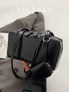 小巧时尚简约百搭单肩包，小众设计，休闲复古风，流行腋下包，精致优雅纯色女士小方包，搭配同色系小零钱包，上班逛街都适用 - 黑色 - 查看 2