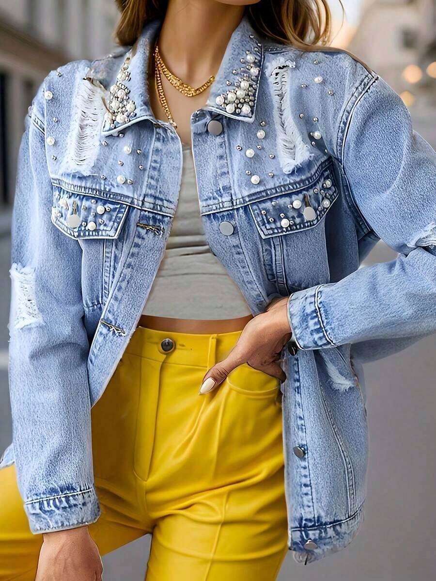 Women's Casual Denim Jacket, Paired With Pearls And Distressed Decorations, Suitable For All Seasons, Suitable For Daily Outings, Shopping, Dates, Parties