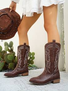 Fall/Winter 2025 Women's New Embroidered Leather Coffee Brown Western Boots, Pointed Toe Chunky Heel Knee-High Boots, Outdoor Casual Fashion Dress Boots,Cowboy Boots - Coffee Brown - View 5