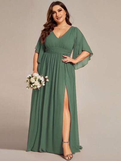 Plus Size Elegant Summer V Neck Flounce Sleeve Split Thigh Chiffon Green Bridesmaid Dresses Formal Dresses For Dinner