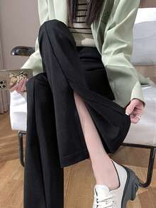 Verano negro micro llamarada abierta pantalones de pierna ancha las mujeres de cintura elástica casual de cintura alta delgada dividida arrastrando pantalones - Negro - Ver 4