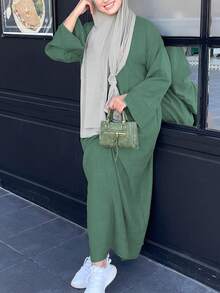 Women's Elegant Solid Color Round Neck Long Sleeve Maxi Dress, Casual Fitted Daily Wear