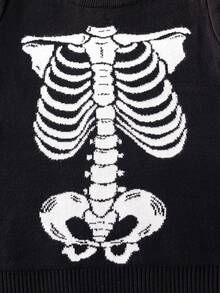 Young Boy Street Style Halloween Skeleton Pattern Knit Pullover Sweater, Suitable For Halloween, Spring, Autumn And Winter - Black - View 5