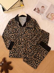 2pcs Leopard Print Pajama Set, Elegant & Sexy Lapel Button-Up Top And Long Pants, Women Sleepwear And Loungewear, Fall Clothes
