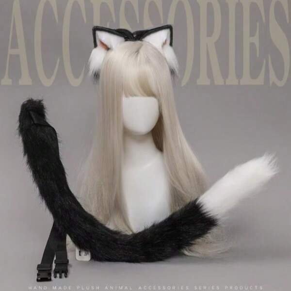 1 set Diadema con orejas de gato y accesorios de cola, decoración para el cabello de chica gato hecha a mano, tocado con orejas de animal y disfraz de cola