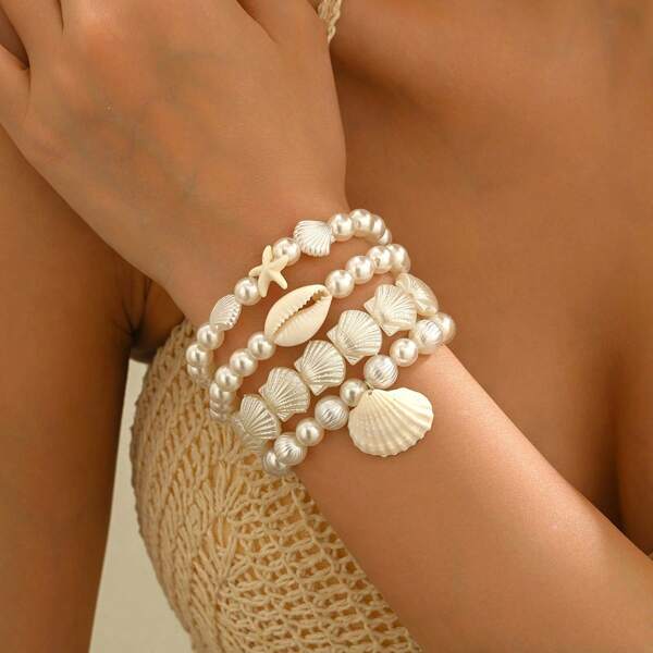 4 Peças/Conjunto Pulseira de Estilo Praiano com Camadas, Conchas de Pérolas Falsas, Estrela do Mar e Turquesa para Mulheres, Adequado para Uso Diário e de Férias, Estilo Europeu e Americano