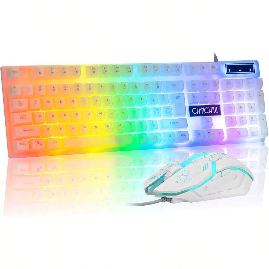 LED Keyboard And Mouse 104 Keys Rainbow Backlit Keyboard And 7 Color RGB Mouse White Gaming Keyboard And Mouse Combo For PC Laptop   Gamers And Work