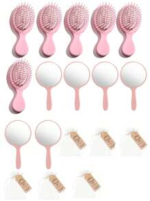 束口袋礼品袋礼品套装，包括（袋子+镜子+梳子），粉色镜子，白色网袋，粉色梳子，新娘送礼会礼物，塑料化妆镜，新娘感谢卡，婚礼派对礼物，带透明硬纱布袋，伴娘礼物，宾客婚礼派对用品，适合日常使用，适合返校，节日露营用品，度假必需品