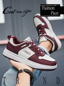 男士撞色系带休闲运动鞋，舒适户外日常百搭情侣平底鞋，四季皆宜 - 米酒紅 - 查看 6