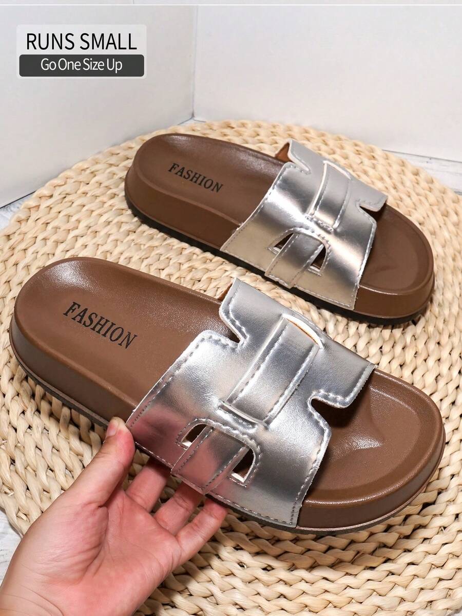 女士厚底 PU 皮革一脚蹬厚底凉鞋，时尚系带休闲拖鞋，夏季适用