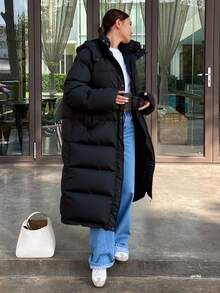 Livesso Zipper Front Hooded Padded Thick Pockets Coat, Winter Women Padded Coat - Black - View 4