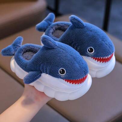 1 Pair Kids Warm Slippers, Cute Shark Design For Boys And Girls, Toddler Indoor Home Slippers, Autumn/Winter