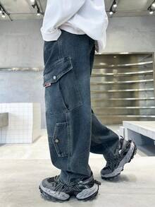 男童宽松工装牛仔裤，大口袋，适合秋季休闲、上学、户外穿着 - 藍色 - 查看 6
