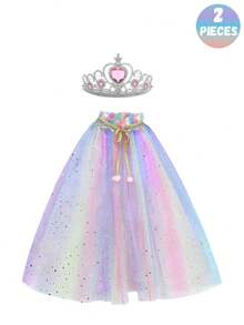 2 Stücke/Set Eleganter Stil Lotus Krone Umhang Set für Kinder, ein Zweiteiler für Mädchen zum Verkleiden als Eiskönigin mit Krone und Umhang, geeignet für Aufführungen, Partys und Bühnenauftritte. Ein ideales Geschenk für Kinder.