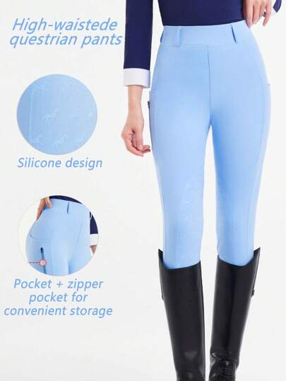 Women's Sky Blue Horseback Riding Leggings, Mid-Waist, Slimming, Pockets On Sides, Friction-Resistant, Elastic, Breathable, Sweat-Wicking, Soft And Comfortable, Suitable For Outdoor Horse Riding Sports