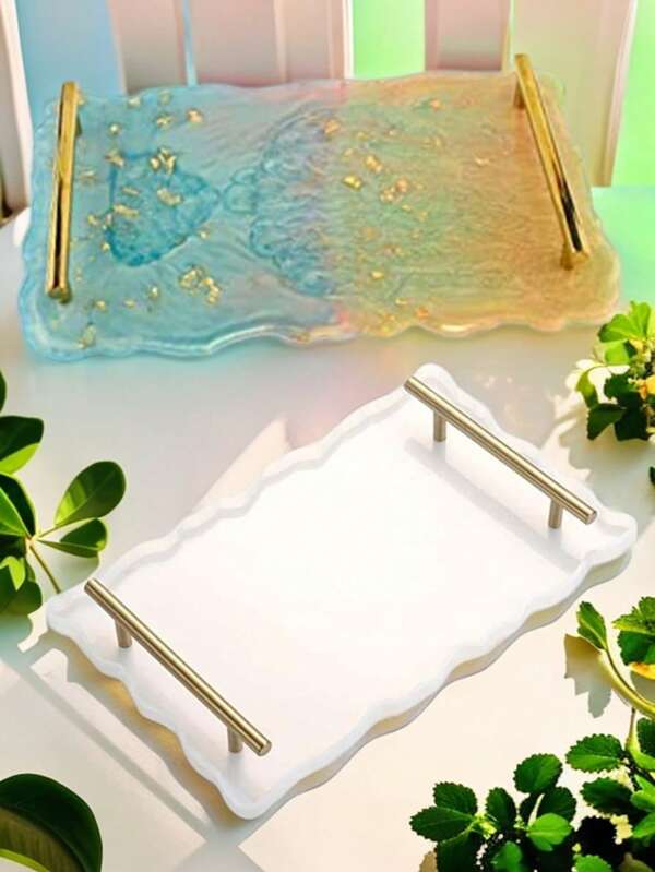 Silicone Resin Mold Tray, Agate Silicone Tray Mold With Golden Handle, Coaster Tray Silicone Mat, Coaster DIY Craft, Epoxy Resin Casting Mold For Agate Tray Making