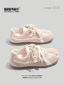 BEIER 1 Pair Women Casual Lace-Up Preppy Style Faux Leather Color Block Flat Shoes For Spring And Autumn,Sneakers For Women - Pink - View 4