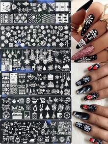 1/2/3/4/6 件套冬季圣诞美甲模板，含美甲印章、刮刀、圣诞雪花、驯鹿、圣诞树、时钟、雪人图案美甲模板、冬季美甲烫印板设计 DIY 美甲工具 - 銀色 - 查看 7