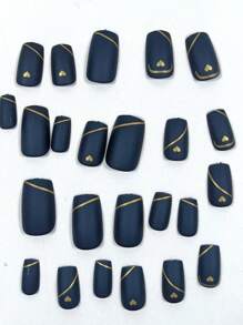 24Pcs Minimalist Cute Short Square Gold Heart Line Black French Minimalist Fashionable Nail Stickers, Wearable Nail Art Decal Stickers Suitable For Daily, Date, Afternoon Tea, Outgoing Press On Nails Nail Supplies Nails