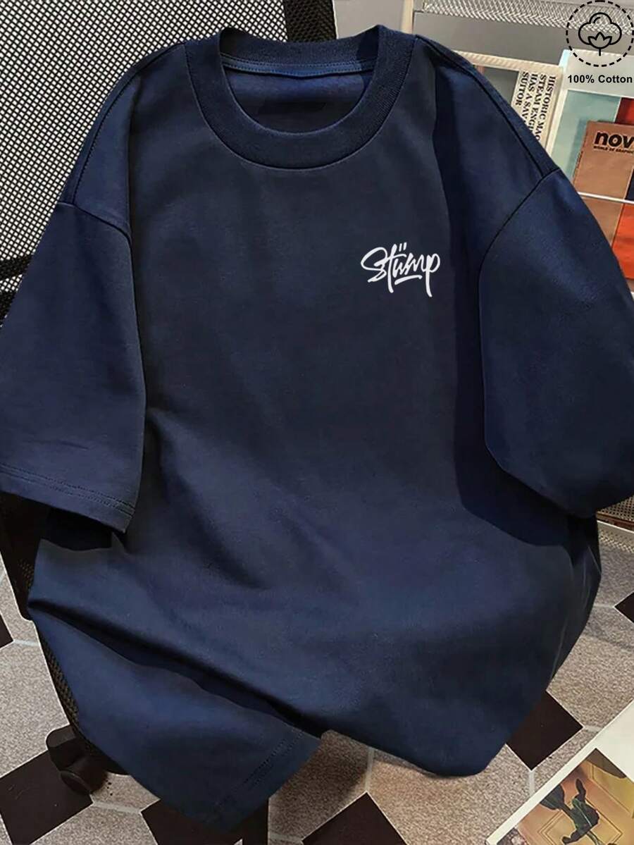 200g Cotton T-Shirt 2025 Men's New Short-Sleeved Cotton Vacation Pattern Short-Sleeved Crew Neck Matching Look - 深藍 - 查看 1