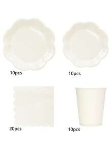 10pcs Ivory Party Supplies Set, Includes Disposable Paper Plates, Cups, Napkins In Cream White, Ivory Tableware Set With Fan-Shaped Plates, Dishes, Napkins And Cups, Disposable Cutlery Set, Suitable For Weddings, Bridal Showers, Baby Showers, Birthdays, Christmas Decorations - Multicolor - View 10