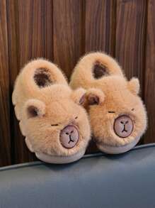 1 Pair Kids' Capybara Cartoon Slippers, Soft & Warm Indoor/Outdoor Wear, Plush Lining, Lightweight Rubber Sole, Unisex Autumn/Winter House Slippers - Khaki - View 2