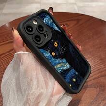 Funda de Teléfono de Gatito Negro con Pintura al Óleo Adecuada para 15/15Plus/15Pro/15ProMax, 14/14Plus/14Pro/14ProMax, 13/13Pro/13ProMax, 12/12Pro/12ProMax, 11/11/11Pro //8/x/xs Anti-suciedad Anti-caída Alta Estética - Colores mixtos - Ver 1