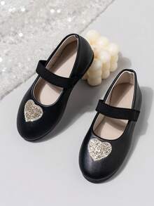 Nuevos zapatos de princesa para niñas pequeñas para volver al colegio, decorados con corazones dorados, zapatos planos de suela blanda para primavera/verano/otoño - Negro - Ver 2