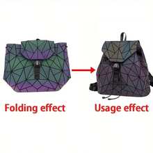 Fashionable Luminous Women Backpack, Drawstring Geometric Rhombus Folding Reflective Iridescent Student School Bag, Large Capacity Backpack, Iridescent Geometric Grid Backpack - Black - View 3