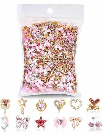 48 件 Y2K 金属美甲水钻装饰 - 3D 心形、星星、蝴蝶结、樱桃美甲珠宝宝石美甲配件美甲用品指甲美甲饰品