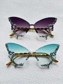 1/2 Paar modische Schmetterlingsform Großer Rahmen Dekorationsbrille, geeignet für Bälle, Modeschauen, Frauenbrille mit Diamanten verziert, Partybrille und Reise