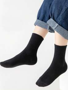 4 Pairs All Cotton Children's Socks, Spring/Summer Pure Cotton Plain Black Mid-Calf Socks, Simple Style For Boys/Girls Students, Babies - Black and White - View 3