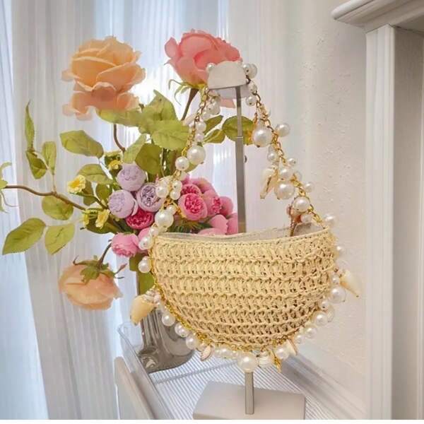 Women Pearl Straw Clutch Purse Woven Summer Beach Evening Bag Wedding Party Straw Shoulder Handbag Beige