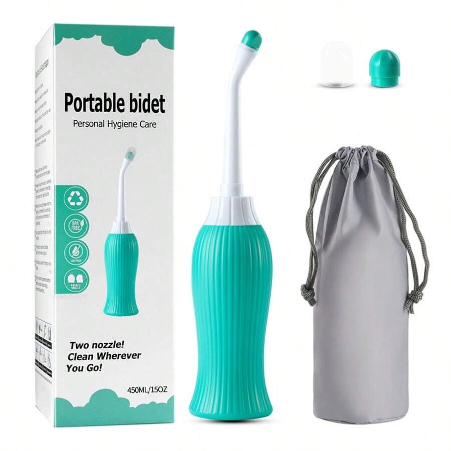 450 ml przenośna butelka ze spryskiwaczem do toalety z rozszerzalnym siedziskiem, 2 dyszami i torbą podróżną, kątowy spryskiwacz do higieny osobistej (zielony)