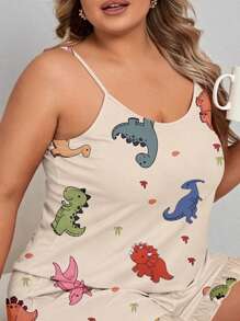 1 pieza Pijama de tirantes para mujer talla grande con estampado lindo de dinosaurio, cuello redondo, tirantes finos, espalda descubierta, para primavera y verano