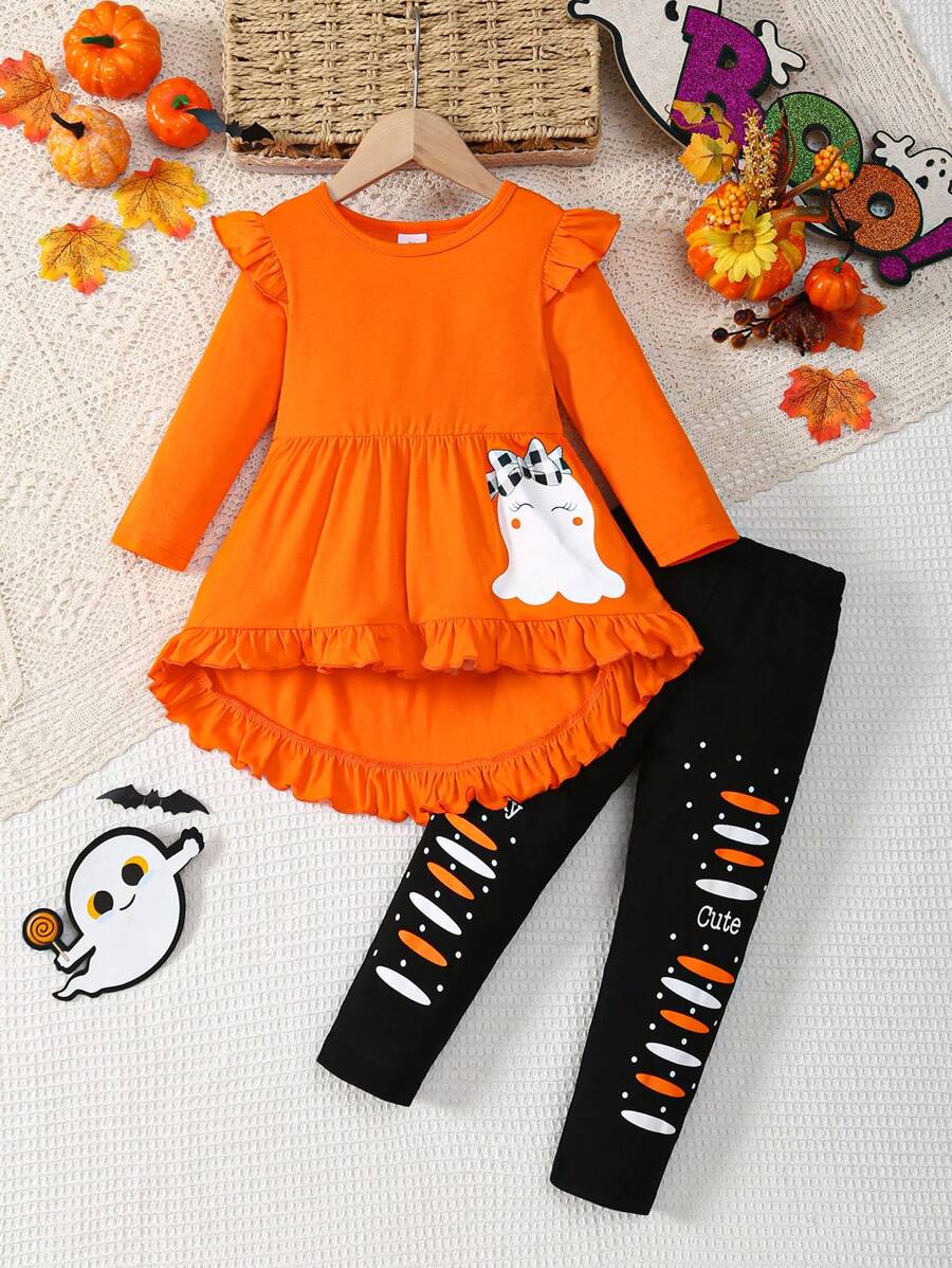 2pcs Girls' Halloween New Ghost Round Neck Elastic Ruffle Horn Sleeve Knitted Long Sleeve Top+Design Shape Letter Positioning Printed Slim Fit Bottom Elastic Pants Set(Targeted Development, Shoulder To Back Length Is The Correct Clothing Length Size) - 彩色 - 查看 1